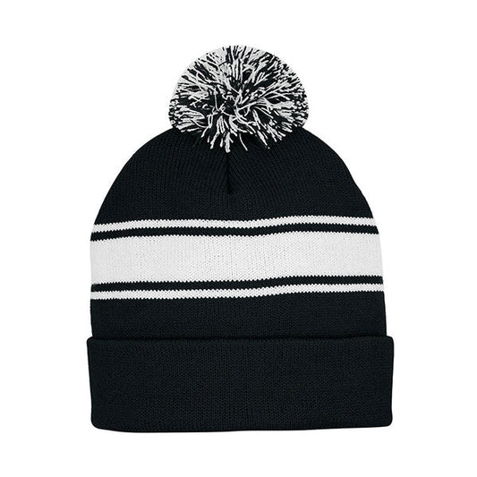 Mega Cap 5076 Striped Pom Beanie with Cuff - Star Hats & Embroidery