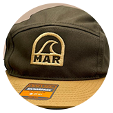 'MAR' wave logo on an olive and tan hat.