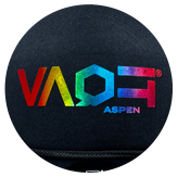 Colorful "VAOE Aspen" logo on a black hat.