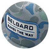 Camo-patterned cap with a patch that reads 'BELGARD PAVES THE WAY' in blue and white.