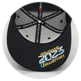 'Abu Dhabi 2023 Grand Prix' logo on the underside of a black hat's brim.