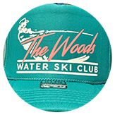 The Woods Water Ski Club" logo on a turquoise hat.