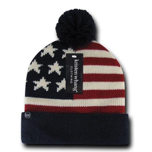 1 Dozen American USA Flag Stars Stripes Beanies Caps Hats Pom Pom Wholesale Lot Bulk-Casaba Shop - Arclight Wholesale