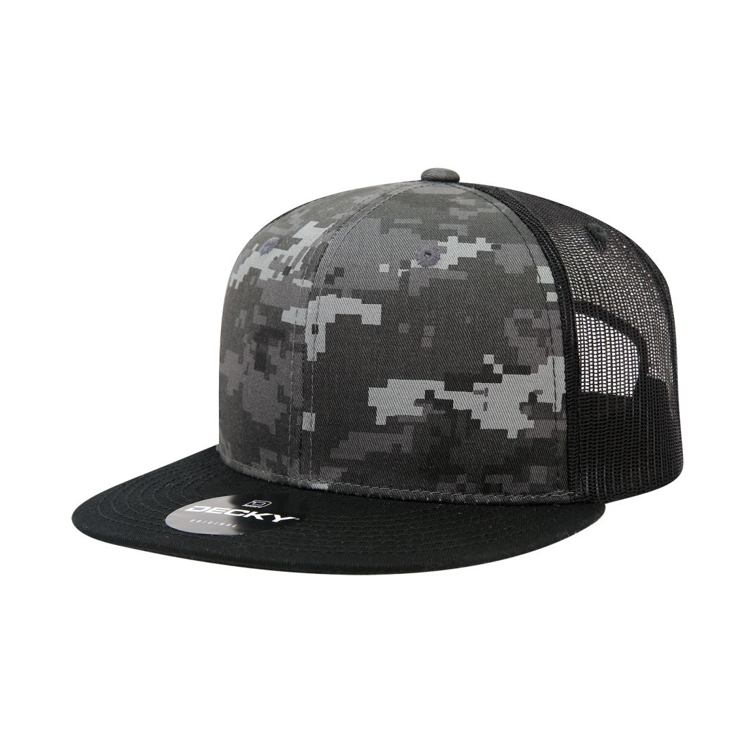 Decky 1055 Camo Trucker Hats High Profile 6 Panel Snapback Caps Flat Bill Mesh Wholesale