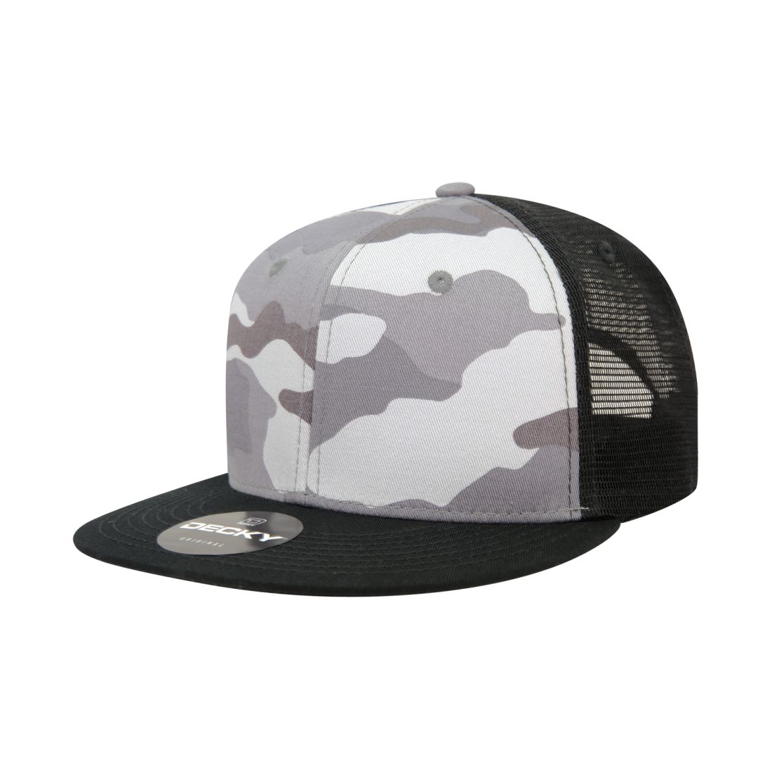 Decky 1055 Camo Trucker Hats High Profile 6 Panel Snapback Caps Flat Bill Mesh Wholesale