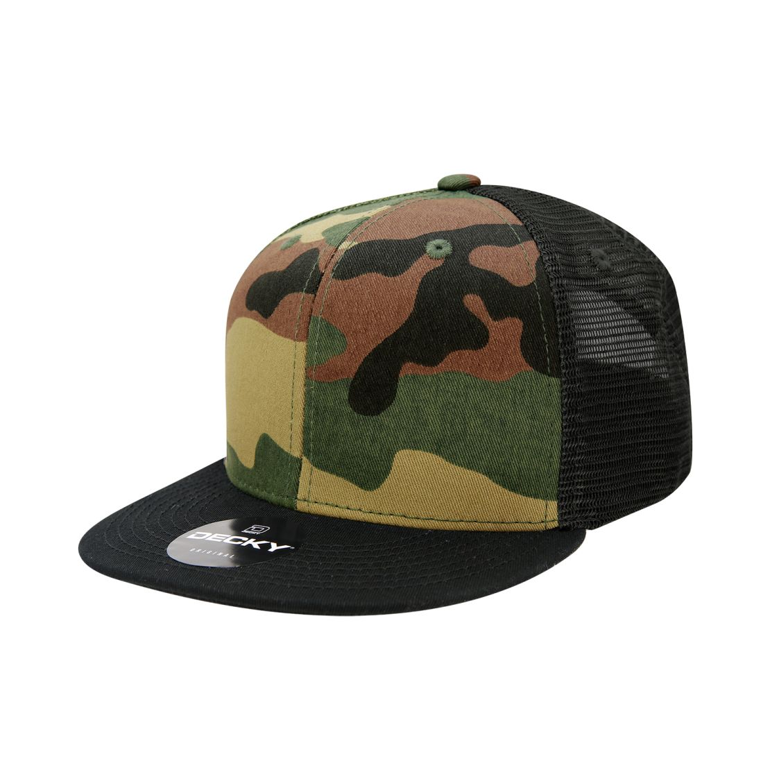 Decky 1055 Camo Trucker Hats High Profile 6 Panel Snapback Caps Flat Bill Mesh Wholesale