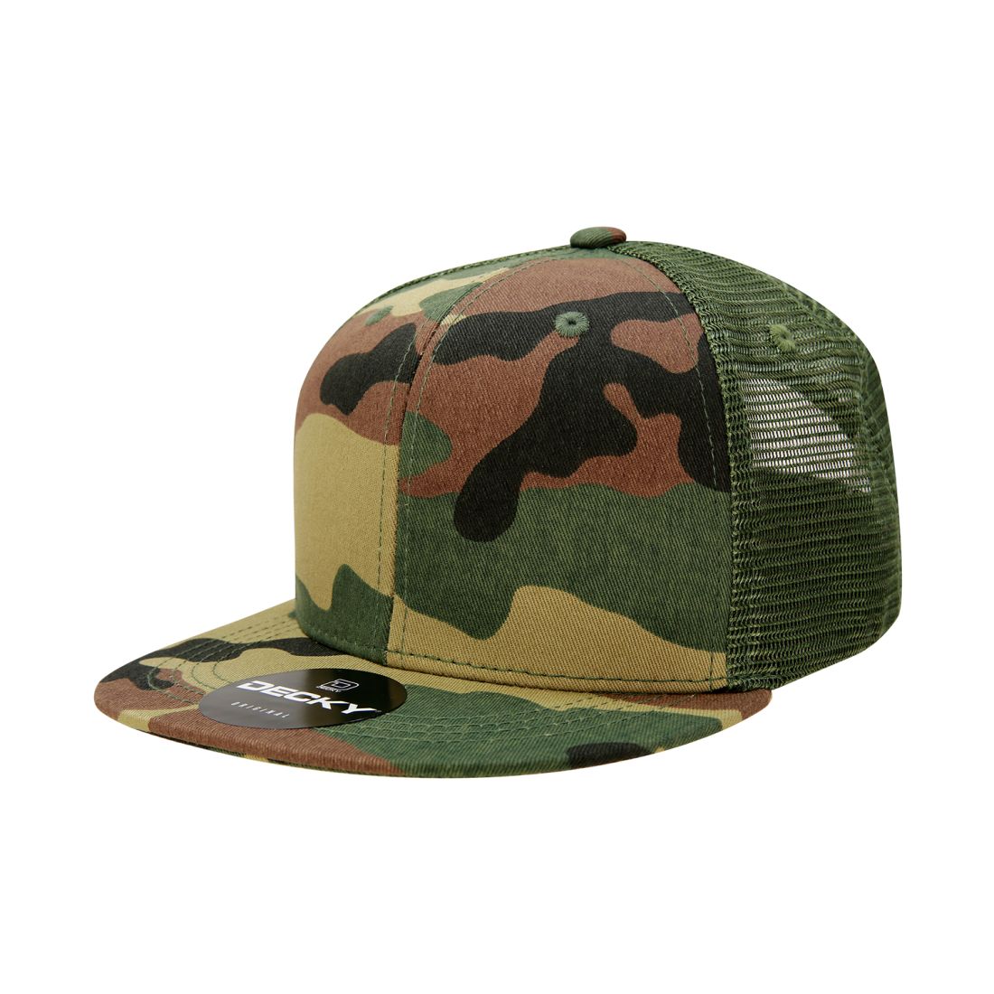 Decky 1055 Camo Trucker Hats High Profile 6 Panel Snapback Caps Flat Bill Mesh Wholesale