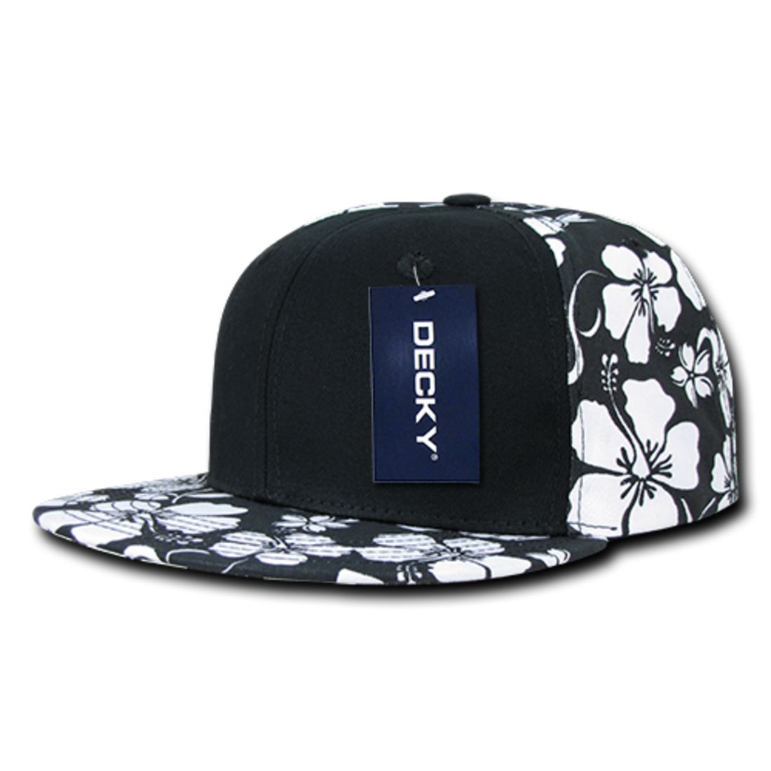 Decky 1067 Hawaiian Floral Snapback Hats Black Panel Flat Bill Caps Cotton Wholesale