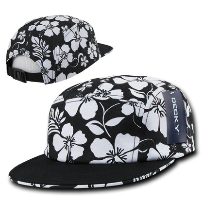 Decky 1070 Black & White Floral Hawaiian Snapback Hats 5 Panel Flat Bill Caps Wholesale