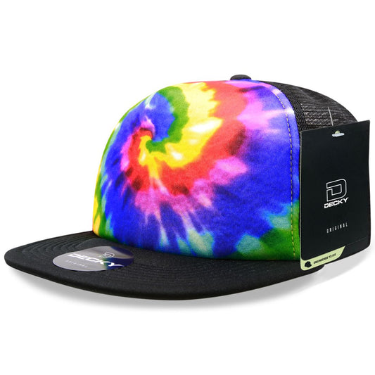 Decky 1079 Tie Dye Print Trucker Snapback Hats 5 Panel Flat Bill Caps Foam Mesh Wholesale - Star Hats & Embroidery