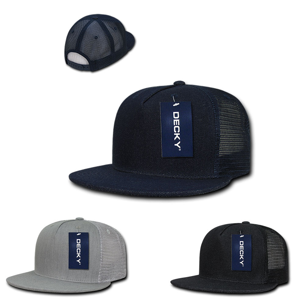 Decky 1082 High Profile Denim Trucker Snapback Hats 5 Panel Flat Bill Caps