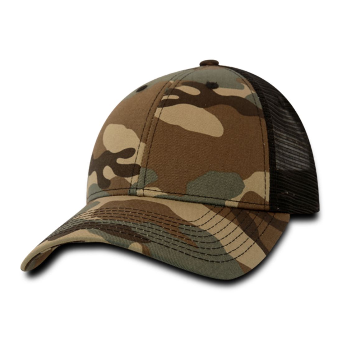 Decky 218 Structured Camo Trucker Hats Low Profile 6 Panel Curved Bill Caps Wholesale