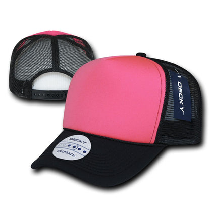 Decky 220 Two Tone Neon Foam Mesh Trucker Hats 5 Panel Curved Bill Baseball Caps Wholesale