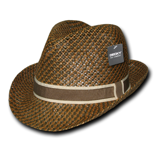 Decky 538 Paper Braid Woven Fedora Hats Panama Caps Two Tone Hatband Brown Wholesale - Star Hats & Embroidery