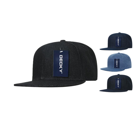 Decky 1090 Denim High Profile Snapback Hats 6 Panel Flat Bill Caps Structured - Star Hats & Embroidery