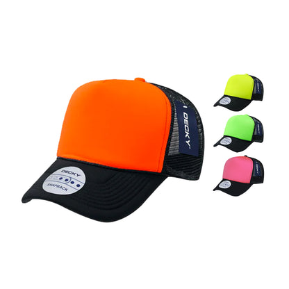 Decky 220 Two Tone Neon Foam Mesh Trucker Hats 5 Panel Curved Bill Baseball Caps