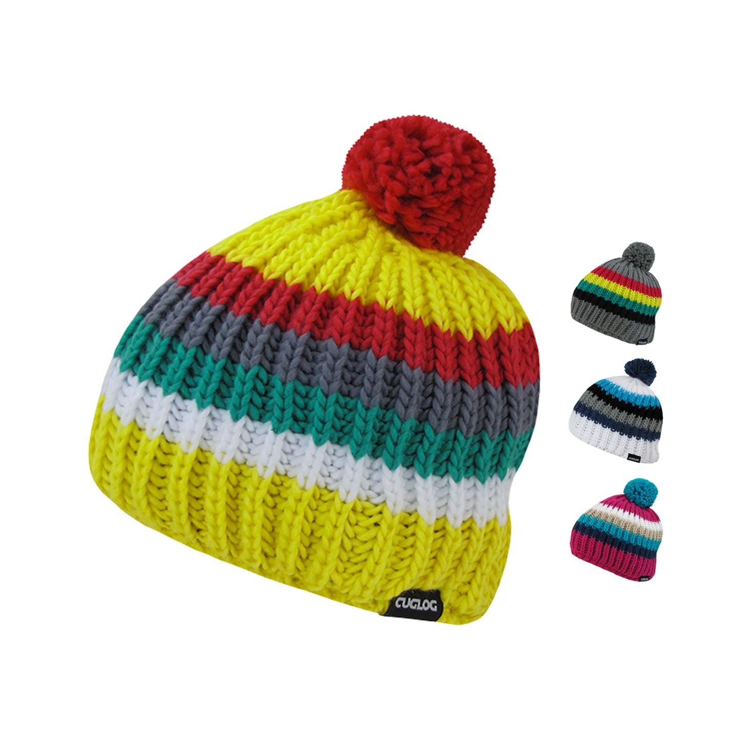 Cuglog K028 Mont Ventoux Cable Knit Striped Pom Pom Beanies Hats Winter Caps