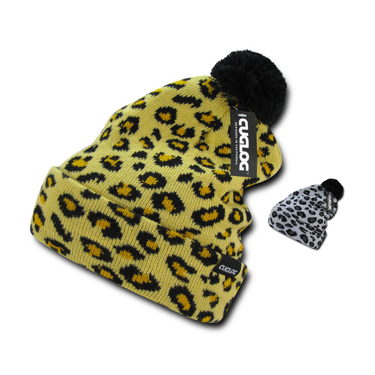 Cuglog K040 Leopard Print Youth Kids Knit Pom Pom Beanies Hats Lined Animal Print - Arclight Wholesale