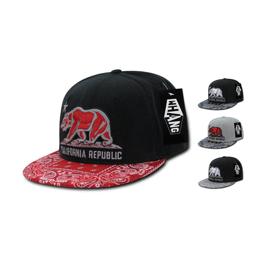 Whang W84 California Cali Bear Bandana Snapback Hats 6 Panel Flat Bill Caps - Star Hats & Embroidery