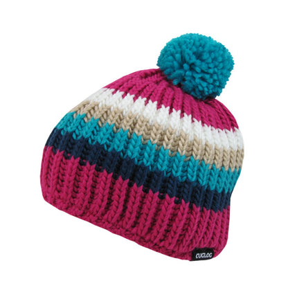 Cuglog K028 Mont Ventoux Cable Knit Striped Pom Pom Beanies Hats Winter Caps