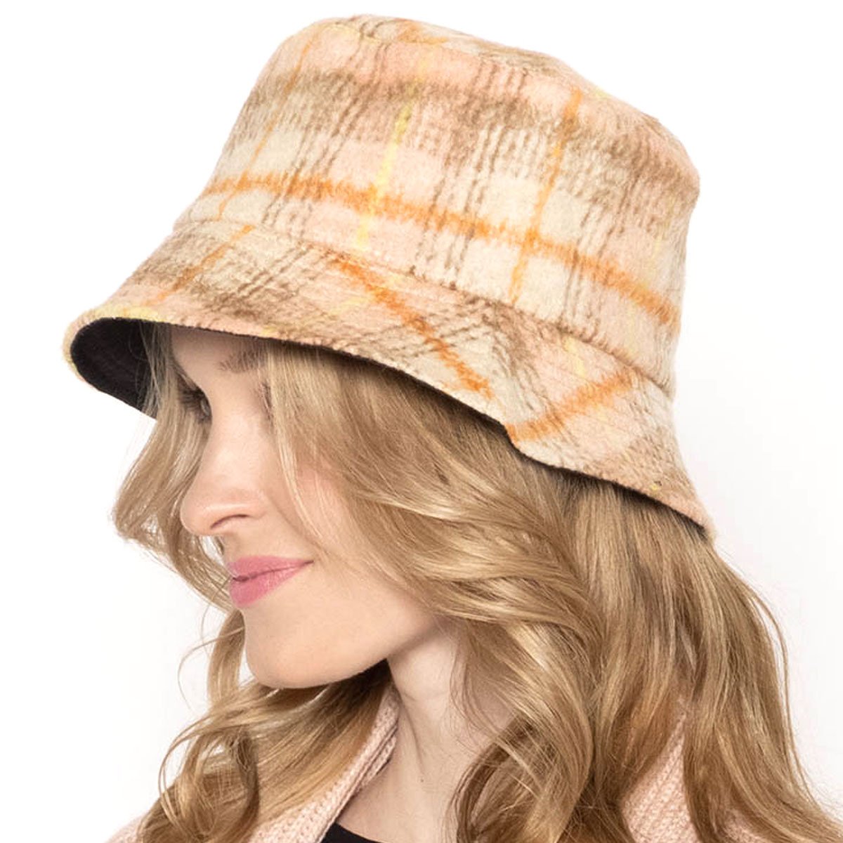 Empire Cove Womens Winter Cozy Plaid Fitted Bucket Hat Brown Pink Warm