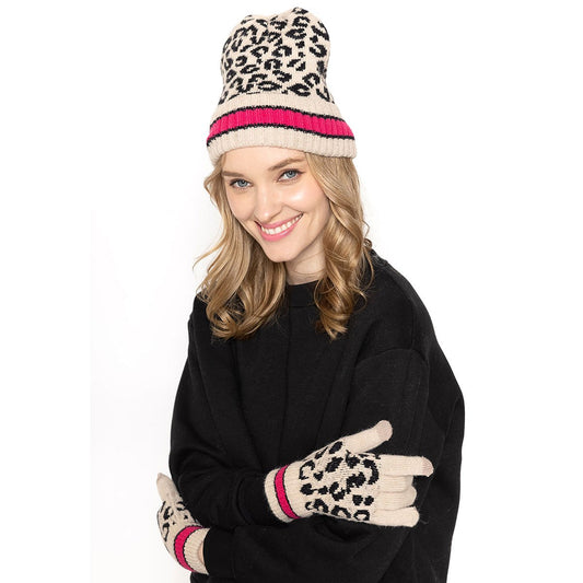 Empire Cove Winter Set Knit Leopard Striped Beanie and Touch Screen Gloves Gift Set - Arclight Wholesale