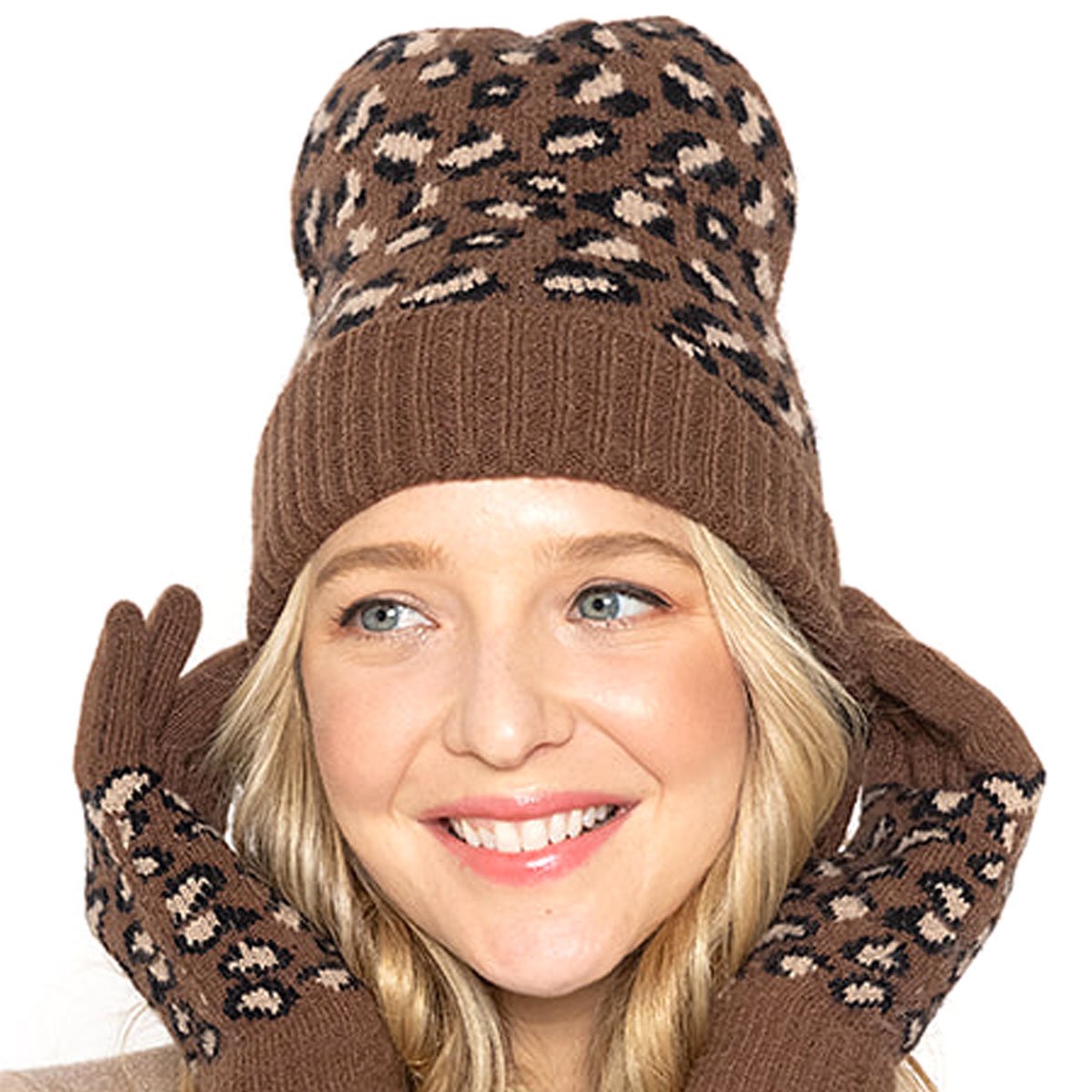 Empire Cove Winter Set Knit Ribbed Leopard Cuff Beanie and Touch Screen Gloves Gift Set