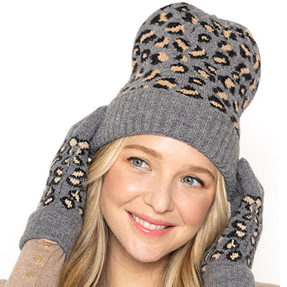 Empire Cove Winter Set Knit Ribbed Leopard Cuff Beanie and Touch Screen Gloves Gift Set